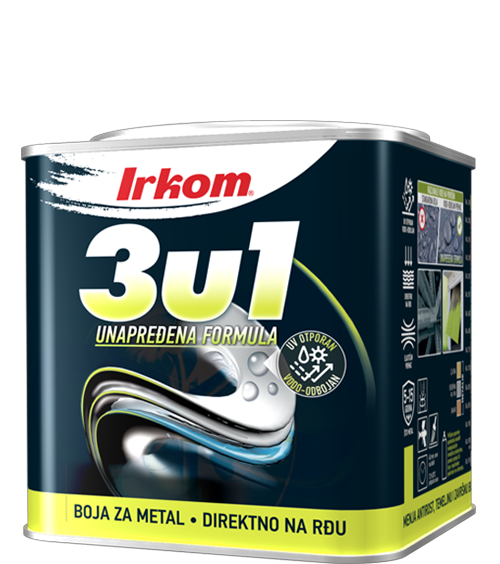 IRKOM 3U1 je brzosušiva temeljno – završna boja za zaštitu svih metalnih površina.  U sebi sadrži antikorozivno sredstvo, osnovnu i završnu boju, sve u jednom proizvodu.  Nanosi se direktno na koroziju, potrebno je samo otkloniti grube, trošne delove korozije i zatim se može direktno naneti Irkom 3u1 premaz.  U pitanju je boja premium kvaliteta, nastala kao jedinstvena kombinacija najboljih karakteristika uljanih i nitro boja. Uljane boje karakteriše izuzetna elastičnost premaza, duga postojanost, dok nitro boje brzina sušenja. Ima odličnu pokrivnu moć, razlivanje i popunjavanje.  Karakteriše je izuzetna tvrdoća, elastičnost, adhezija, odnosno prijanjanje, otpornost na udar i zaštita od atmosferskih uticaja. Stvara vodootporni film i u sebi sadrži UV blokatore koji onemogućavaju da boja promeni nijansu i puca pri izloženosti sunčevim zracima.
                Može se koristiti za farbanje metalnih ograda, dvorišnih kapija, terasa, metalne galanterije, simsova, oluka, radijatora, kao i TA peći (trpi temperature preko 100°C).
                Veliku primenu ima i u održavanju, odnosno bojenju i zaštiti poljoprivrednih mašina, gde se više od 15 godina pokazuje kao pravi izbor poljoprivrednika.
                Iako je izvorno stvorena za zaštitu metala, može se nanositi i na drvene površine (dajući efekat plastificiranosti), kao i na plastiku (potrebno je prebrusiti površinu i skinuti sjajni sloj sa nje).
                Ova boja poseduje sve odgovarajuće ateste, u sebi sadrži dva blokatora korozije i pruža kvalitetnu zaštitu metala od 5 do 15 godina (rezultati ispitivanja Instituta IMS a.d. Beograd izvestaj br. AKZ 52/04-3) u raznim vremenskim uslovima.
                Ono što je najbitnije jeste da se pravilno ispoštuje procedura korišćenja ovog proizvoda.